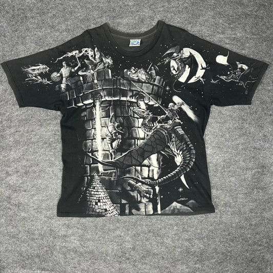 Rare Vintage 90s Liquid Blue Fantasy Dragon Knight AOP T Shirt Mens XL