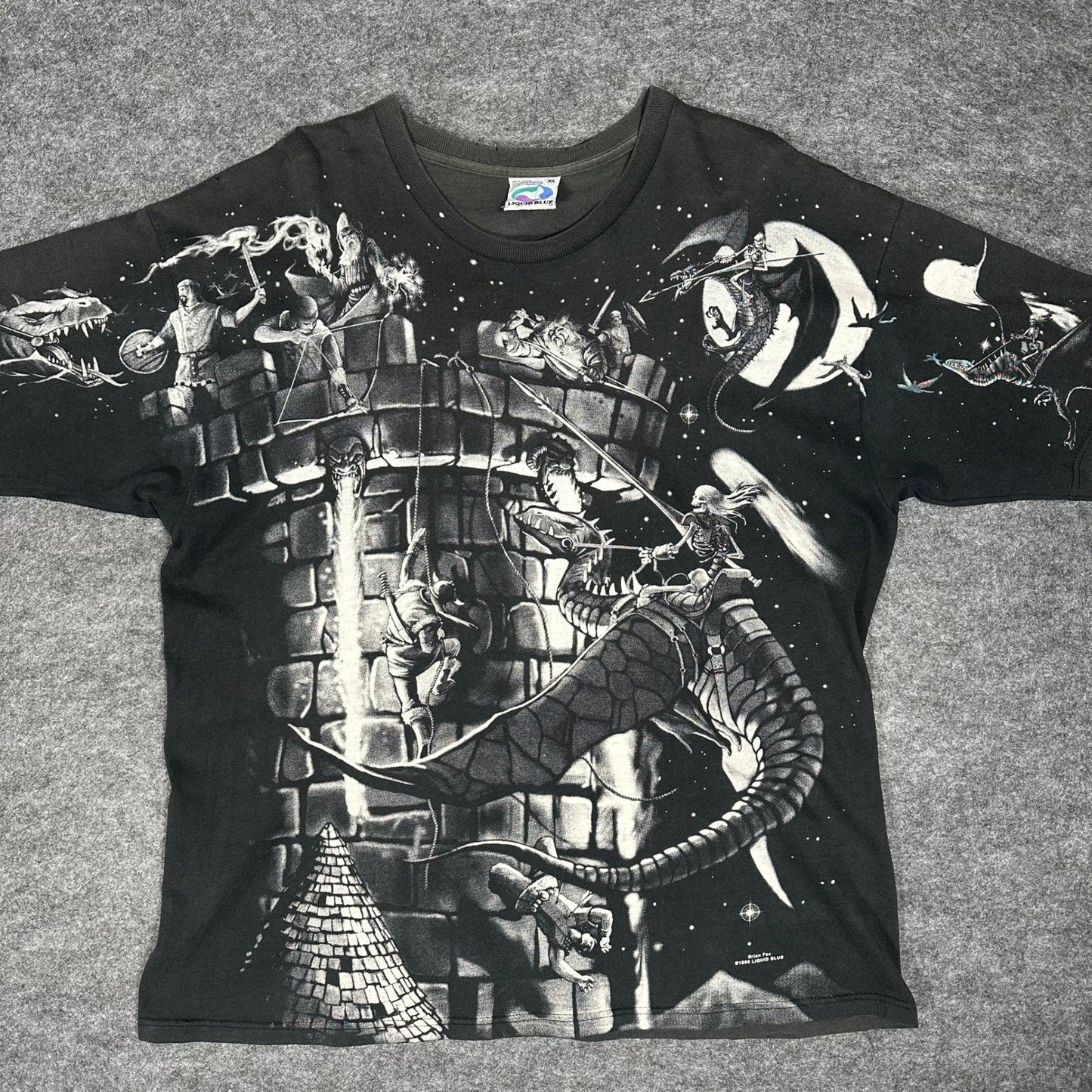 Rare Vintage 90s Liquid Blue Fantasy Dragon Knight AOP T Shirt Mens XL