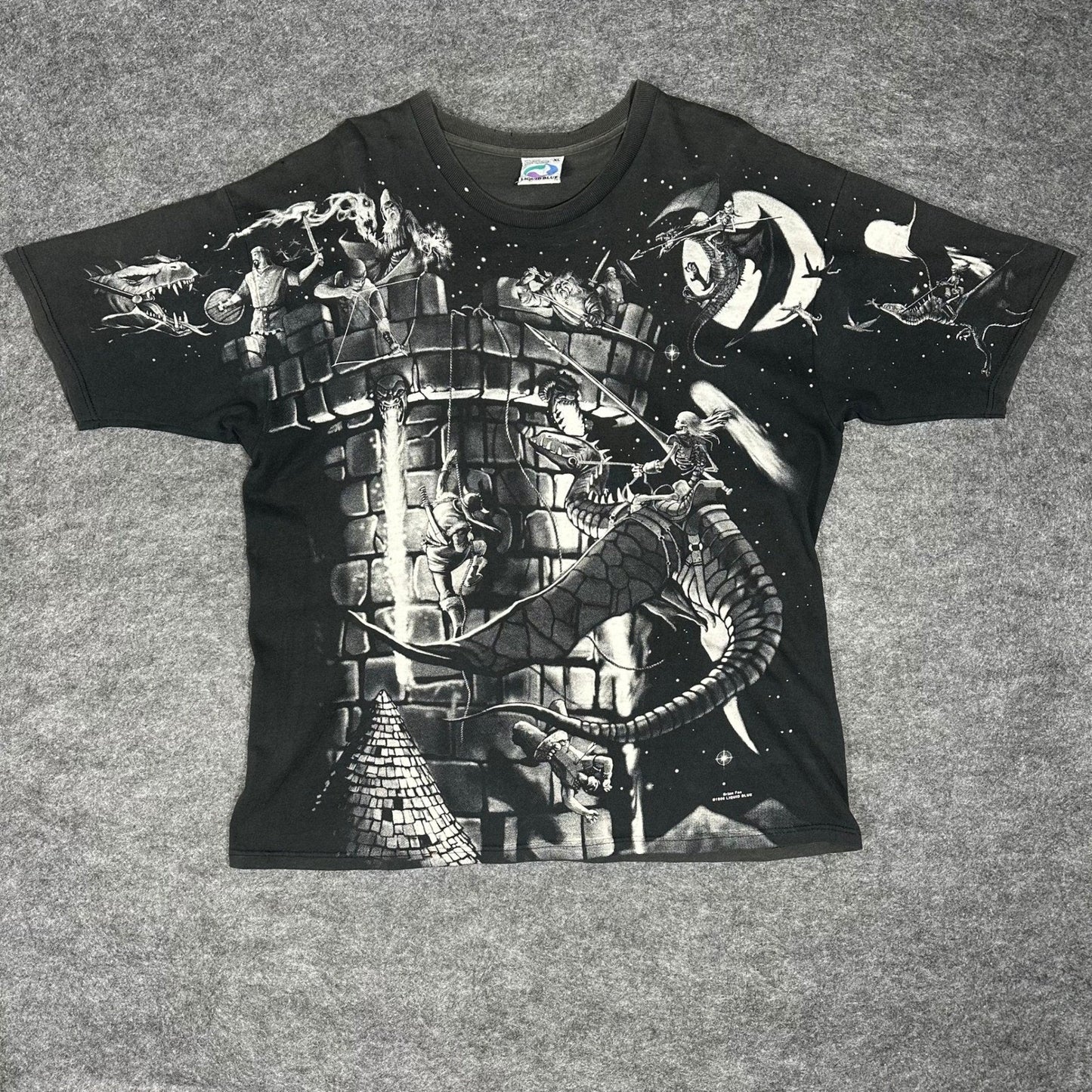 Rare Vintage 90s Liquid Blue Fantasy Dragon Knight AOP T Shirt Mens XL