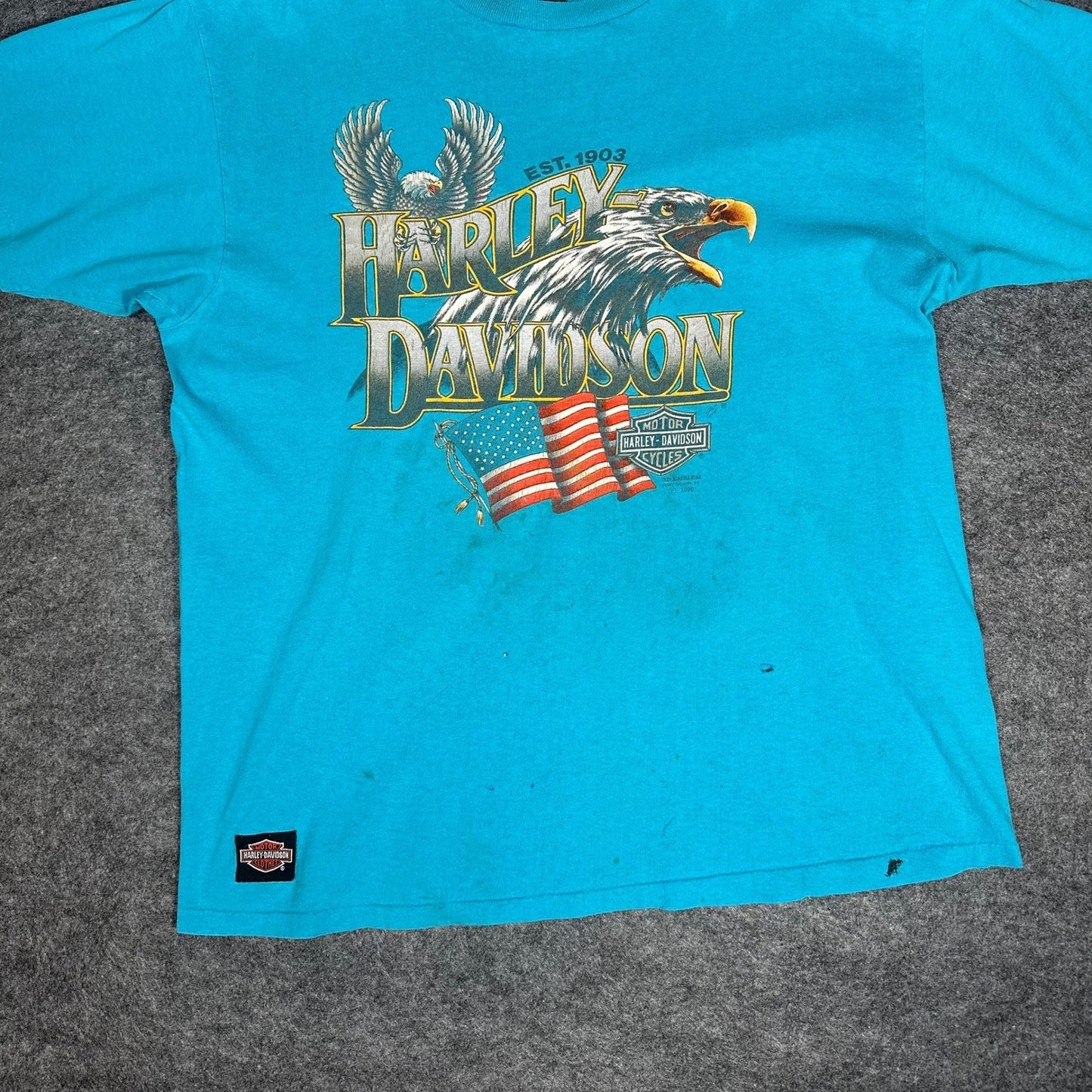Rare Vintage 90s Harley Davidson 3D Emblem T Shirt XL Fort Worth Teal Thrashed