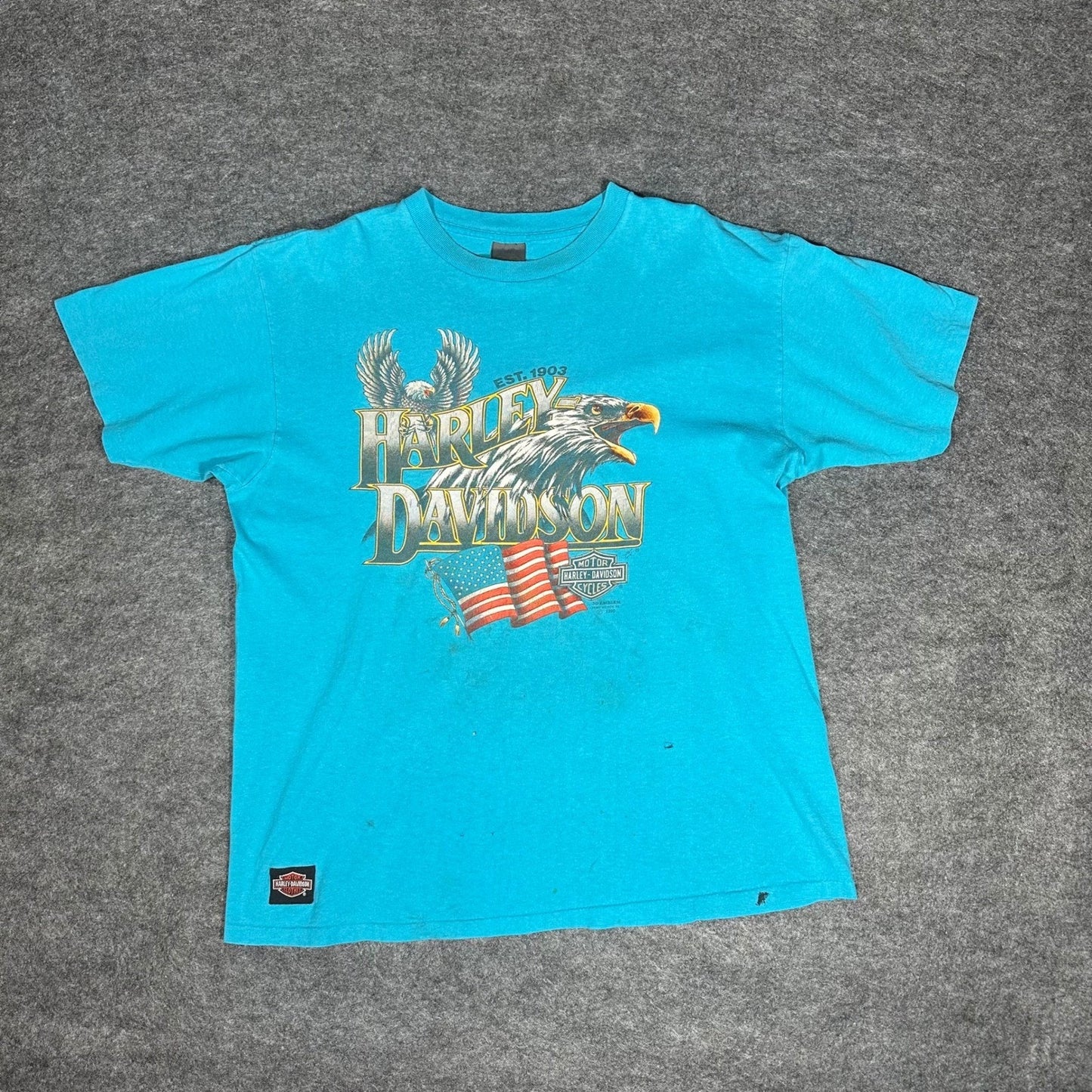Rare Vintage 90s Harley Davidson 3D Emblem T Shirt XL Fort Worth Teal Thrashed