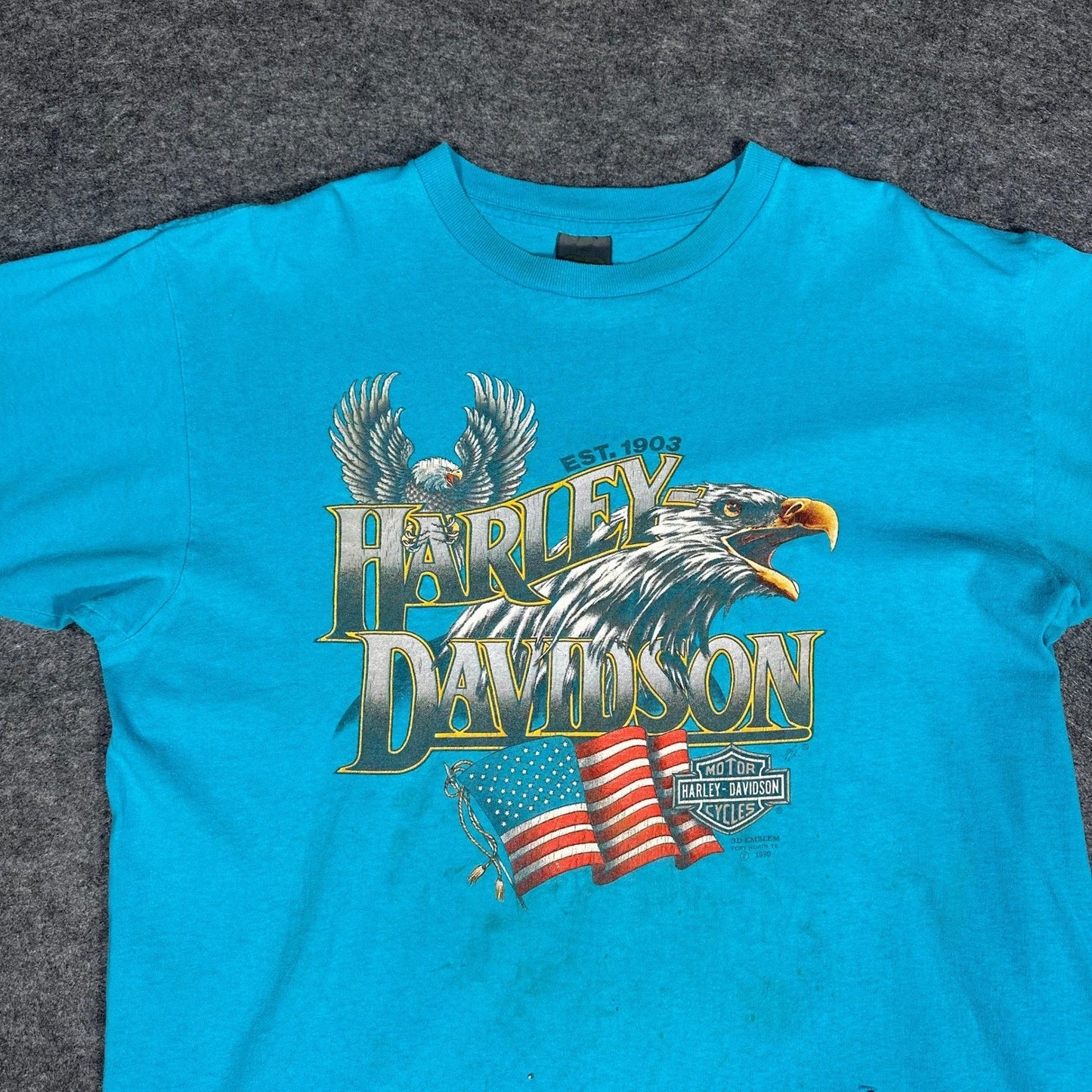 Rare Vintage 90s Harley Davidson 3D Emblem T Shirt XL Fort Worth Teal Thrashed