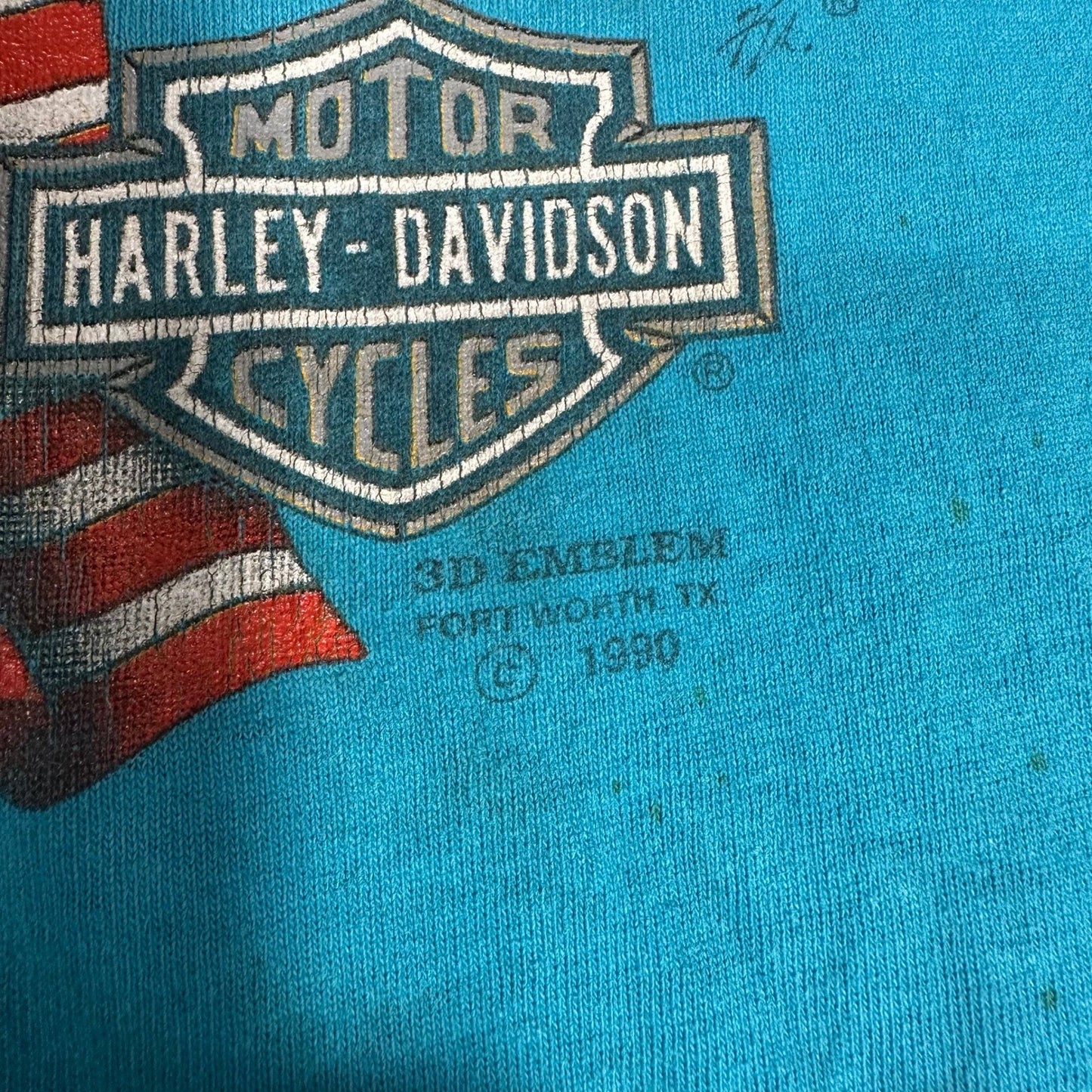 Rare Vintage 90s Harley Davidson 3D Emblem T Shirt XL Fort Worth Teal Thrashed