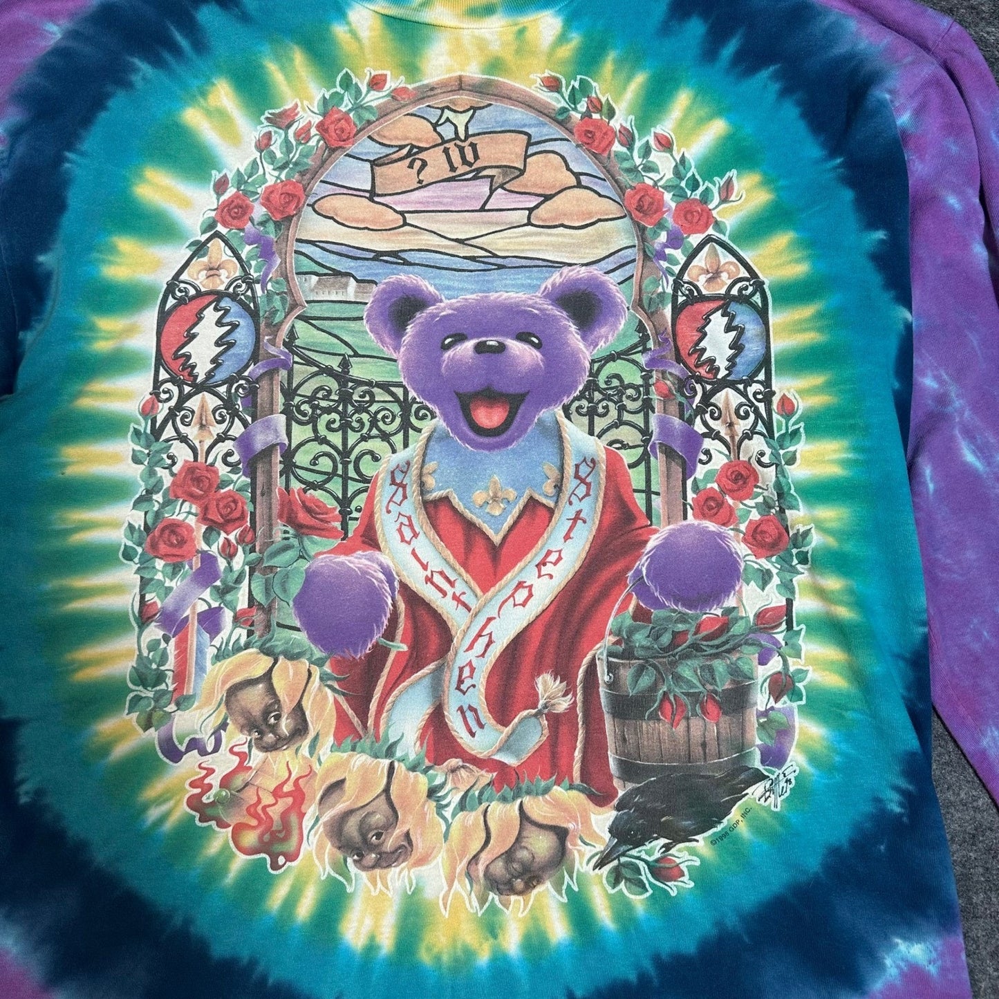 Vintage 90s Grateful Dead Saint Stephen Tie Dye Band T Shirt Liquid Blue Mens XL