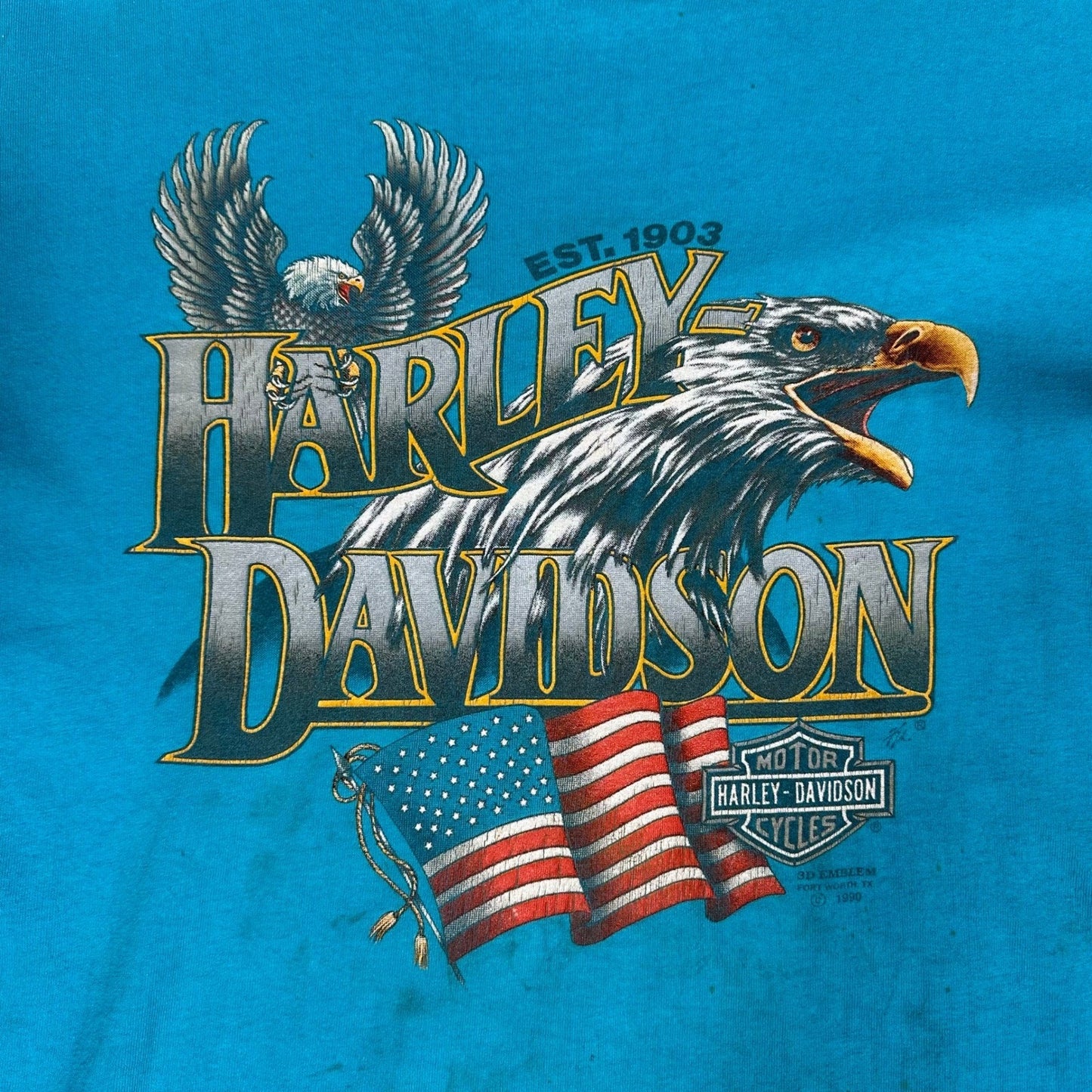 Rare Vintage 90s Harley Davidson 3D Emblem T Shirt XL Fort Worth Teal Thrashed