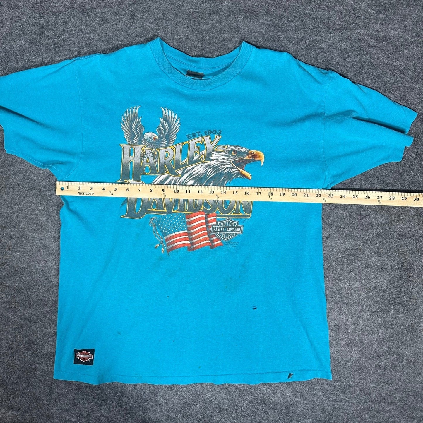 Rare Vintage 90s Harley Davidson 3D Emblem T Shirt XL Fort Worth Teal Thrashed