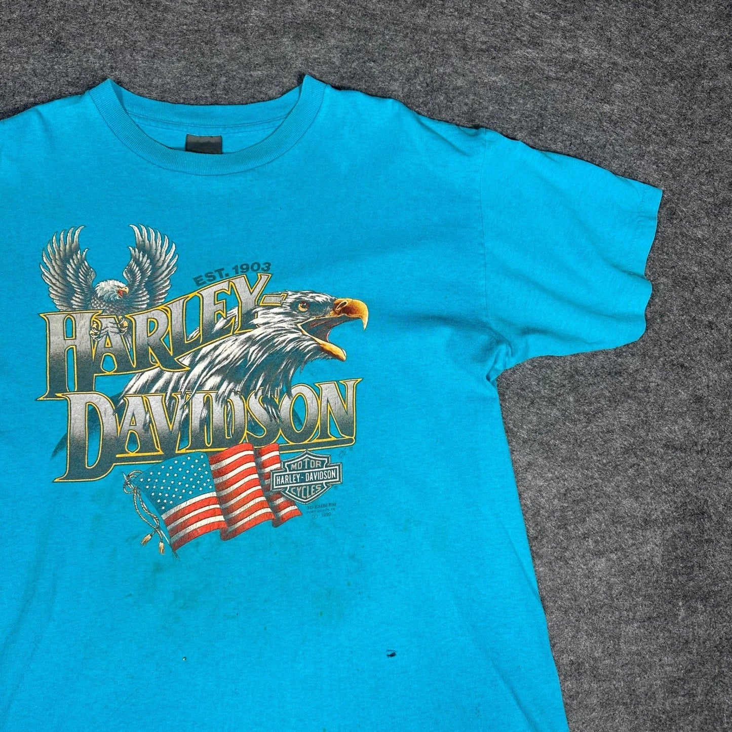 Rare Vintage 90s Harley Davidson 3D Emblem T Shirt XL Fort Worth Teal Thrashed