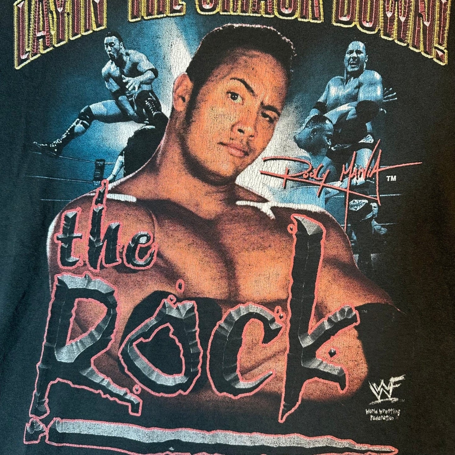Vintage The Rock TNT WWF Layin The Smack Down T Shirt Large Black 1999 Wrestling