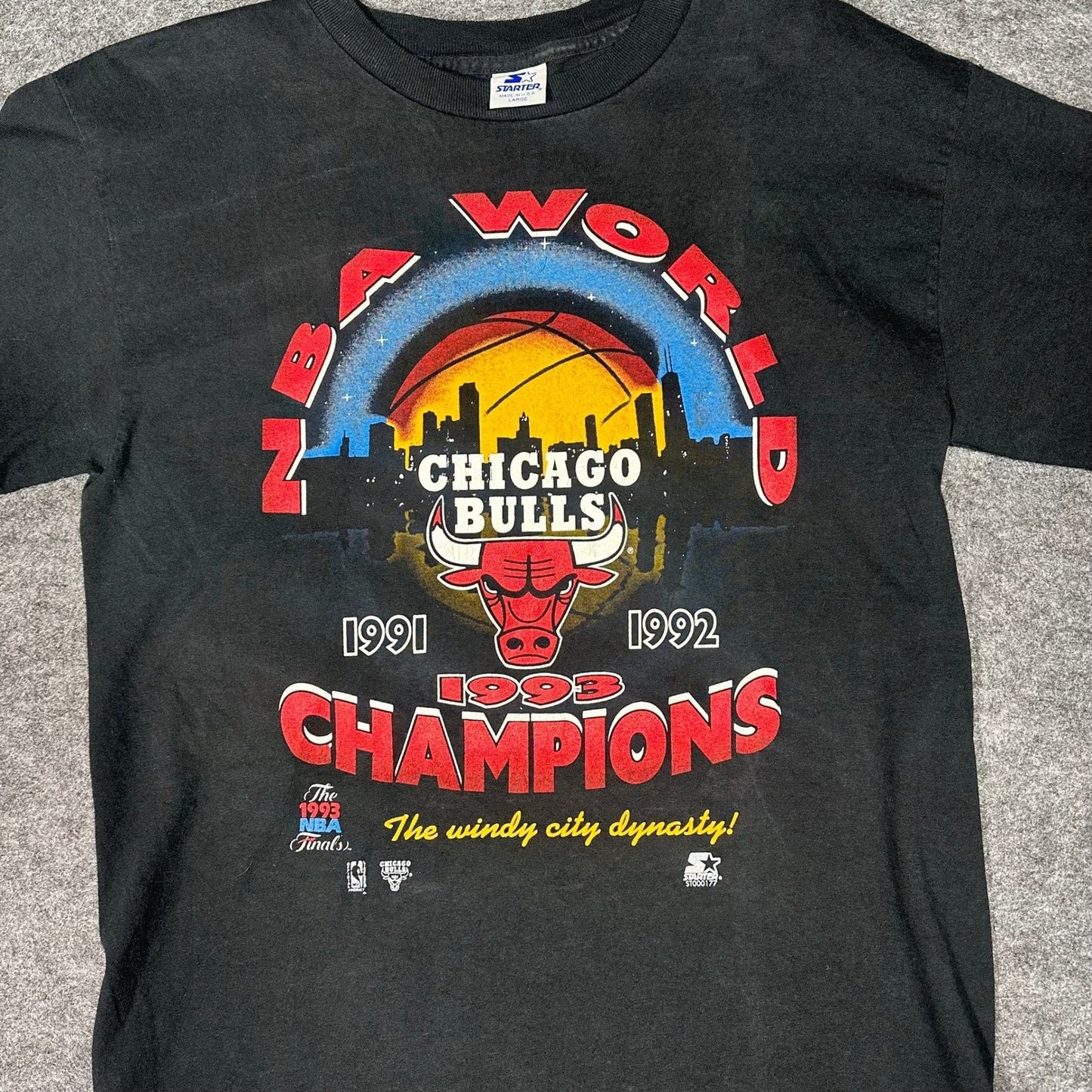 VTG 1993 Chicago Bulls Starter T Shirt Mens L Single Stitch NBA Finals 3-Peat