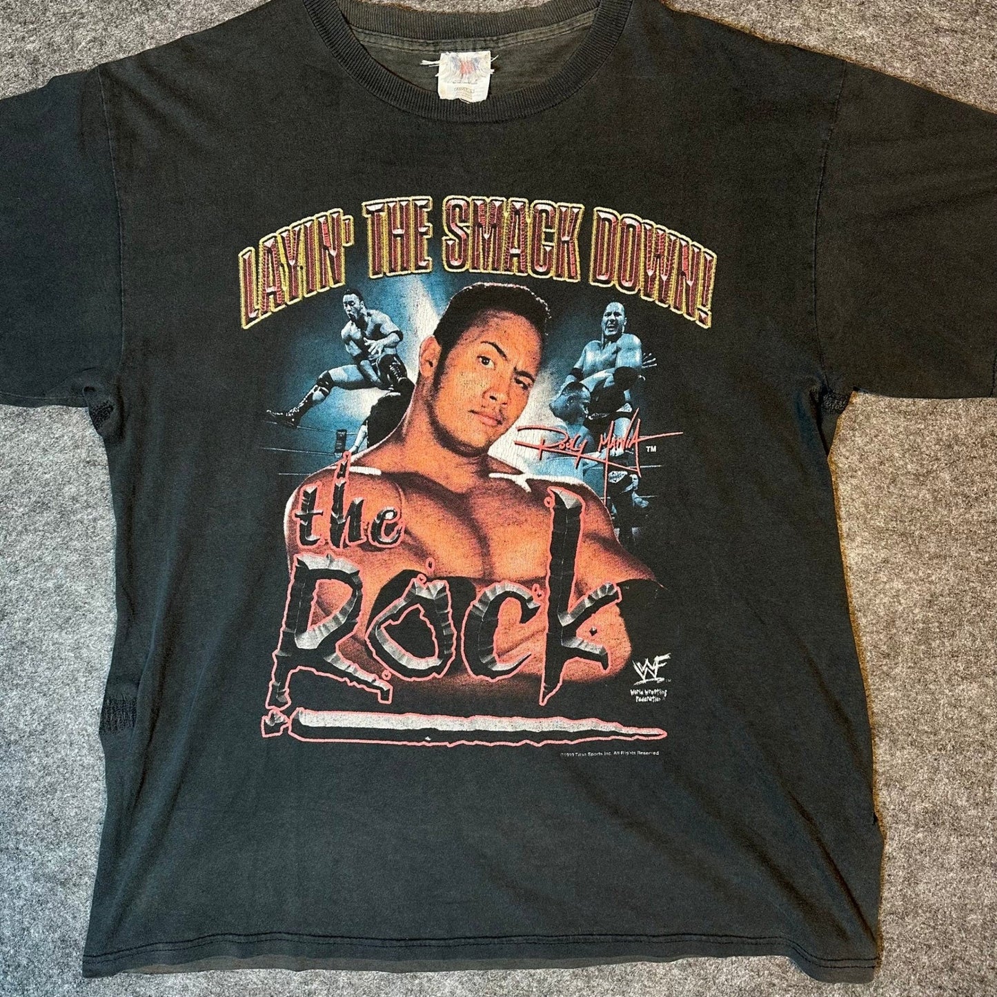 Vintage The Rock TNT WWF Layin The Smack Down T Shirt Large Black 1999 Wrestling